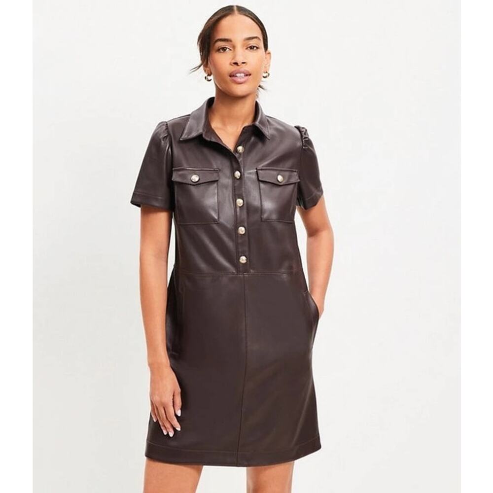 Loft Shift Dress Faux Leather Brown Women’s Size 6 Mini Short Sleeve NEW